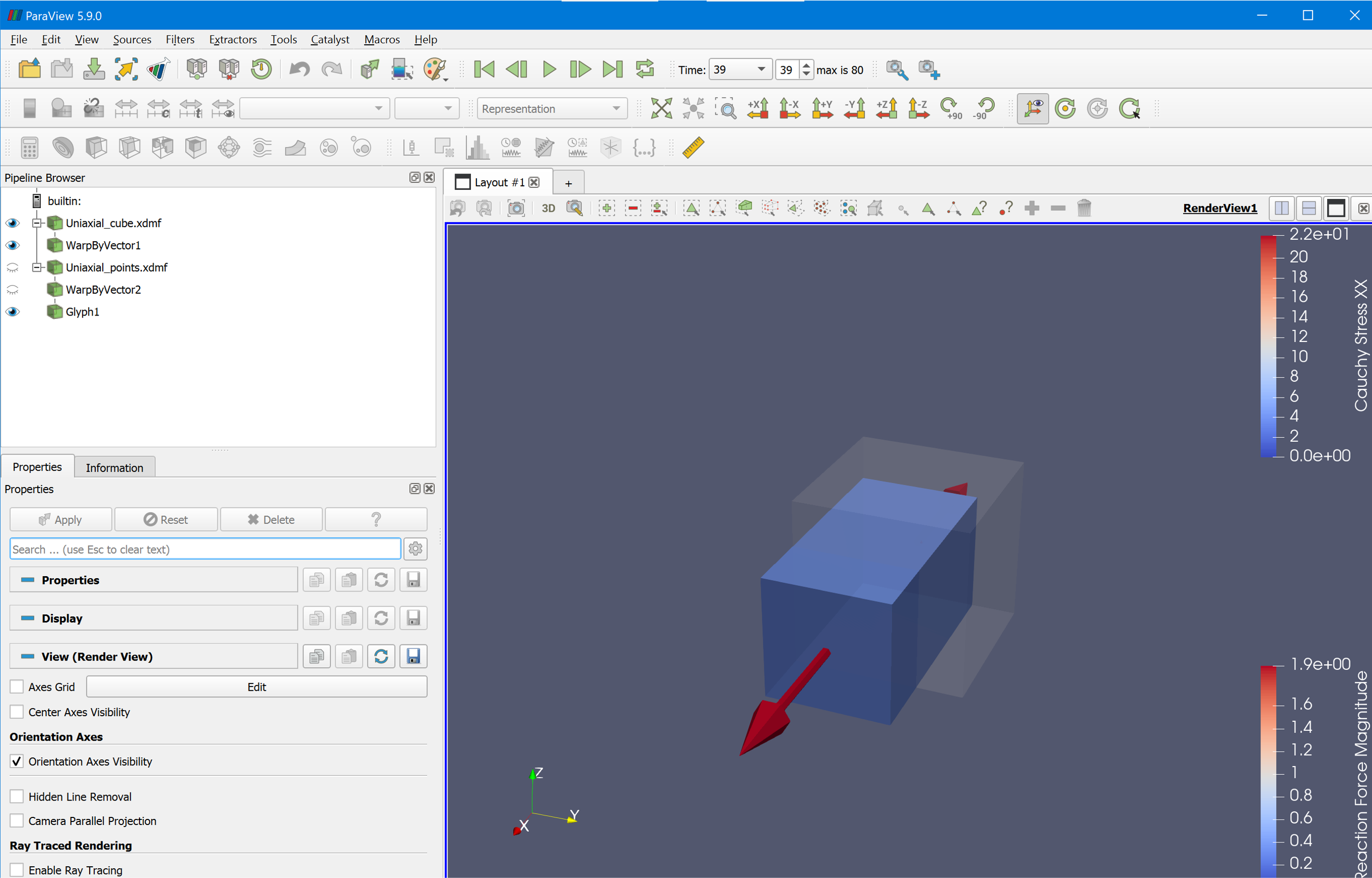 3D-view of the deformed cube with reaction forces in ParaView.